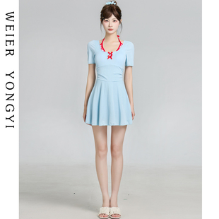 甜美少女保守小胸遮肚显瘦泡温泉泳装 泳衣女款 高级感绝美连体裙式