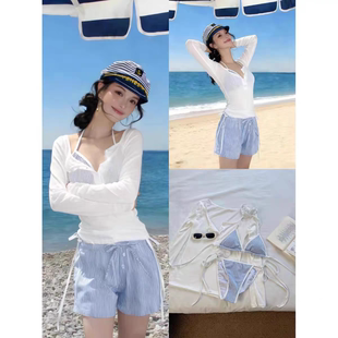 沙滩度假泳装 泳衣女性感纯欲蓝色条纹比基尼小胸聚拢分体长袖 罩衫