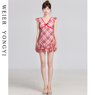 泳衣女款 高级感绝美红格连体双褶裙保守遮肉收腰显瘦温泉度假泳装