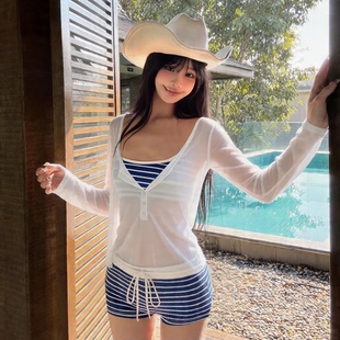 泳衣女2026新款分体蓝色吊带平角比基尼三件套小胸聚拢泡温泉度假