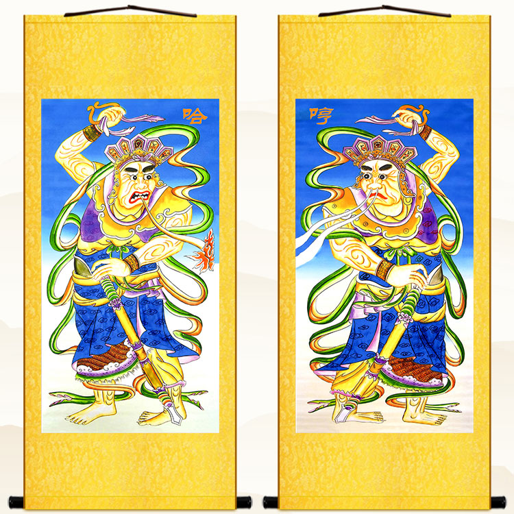 哼哈二将图卷轴挂画 郑伦陈奇护法神人物画 装饰画水陆画来图定制