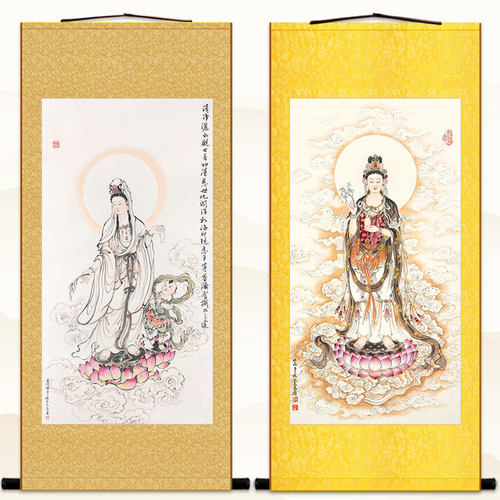 观世音菩萨画 画像 观音娘娘水墨画 画 绢布材质佛堂书房卷轴挂画