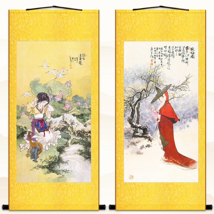 西施浣纱图 仕女美女踏雪赏梅图 人物卷轴挂画绢布装饰画丝绸画