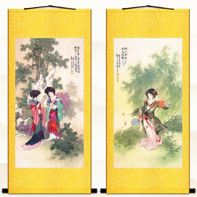 宝钗扑蝶图 仕女相思图 复古美女人物卷轴挂画绢布丝绸装饰画定制