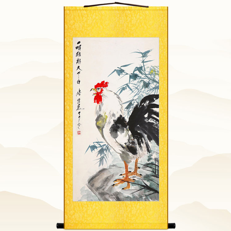 一唱雄鸡天下白 唐云大吉图公鸡卷轴挂画 中式复古书房玄关装饰画图片