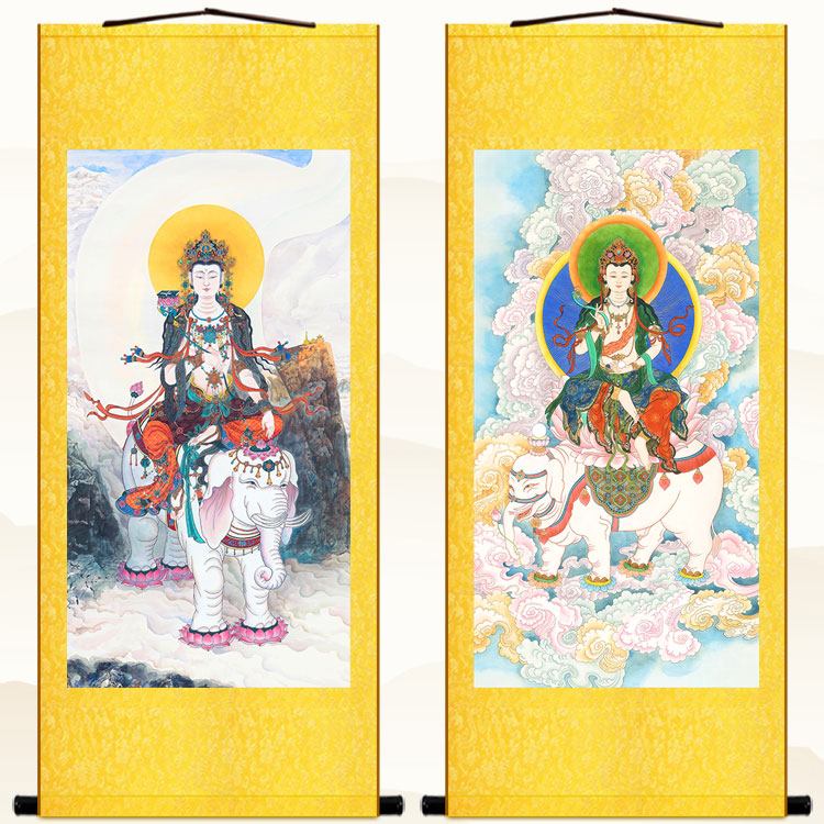 大行普贤菩萨佛像画卷轴挂画 复古书房客厅绢布装饰画可来图定制