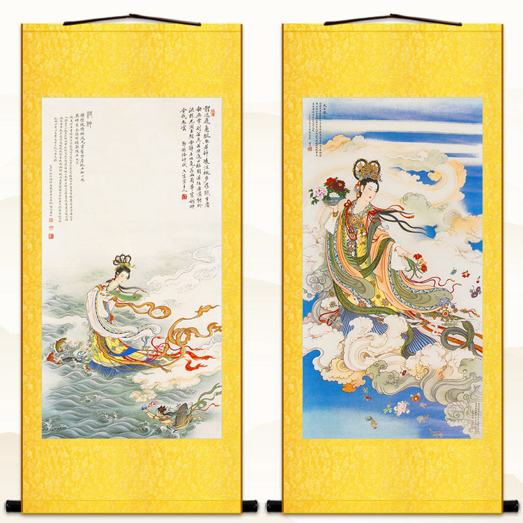 洛神图 天女散花 神话仙女人物卷轴挂画 书房绢布丝绸装饰画定制