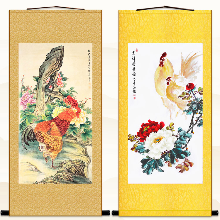 吉祥富贵图 公鸡母鸡牡丹花鸟画 中式玄关卷轴挂画装饰字画丝绸画图片