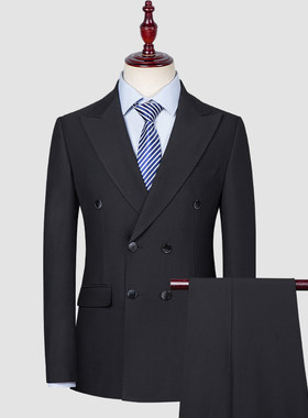 【双开叉】高档春秋四季款男士双排扣西服套装黑色新郎结婚礼服