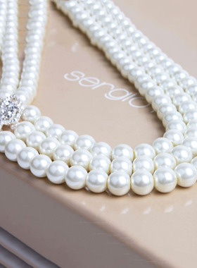 欧美复古多层珍珠水晶夸张短项链