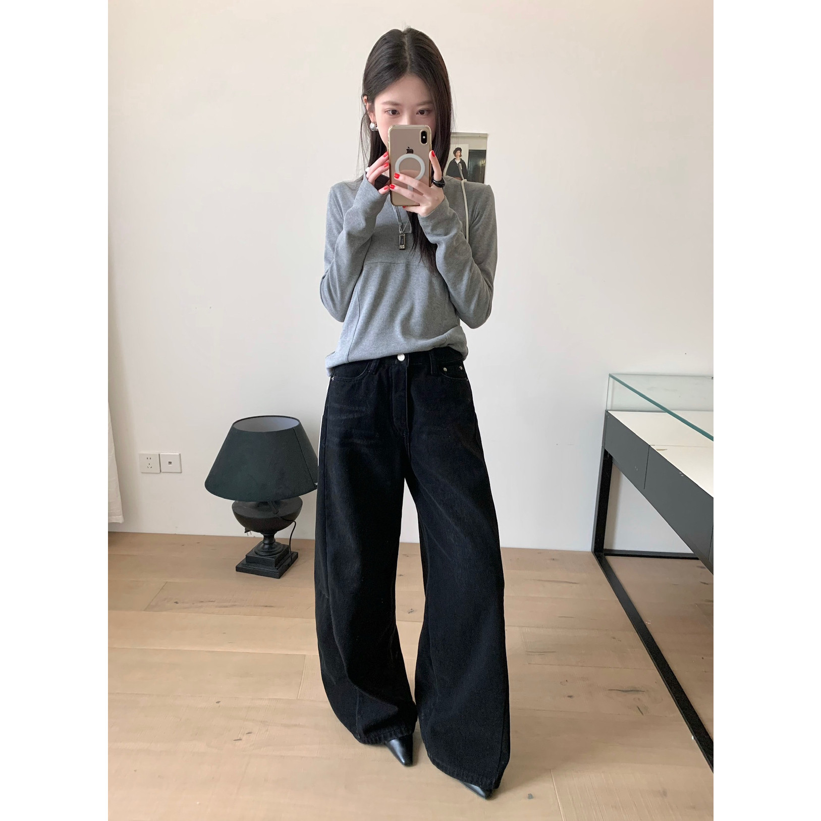 TABLE-阔腿加厚加绒牛仔裤水洗宽松显瘦弯刀裤个性潮流牛仔裤9607