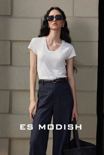 ES MODISH2025年春季低U领高级感正肩时尚减龄短袖T恤  BL3206#
