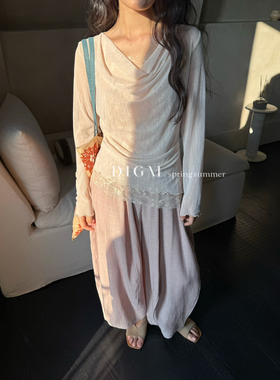 DIGM-法式温柔气质纯色荡领拼接蕾丝花边设计收腰显瘦小衫DB15785