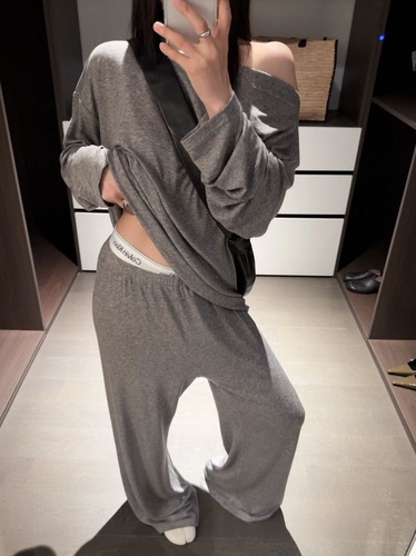 GLOG2026春夏新款韩版百搭宽松斜肩T恤高腰设计裤子套装女