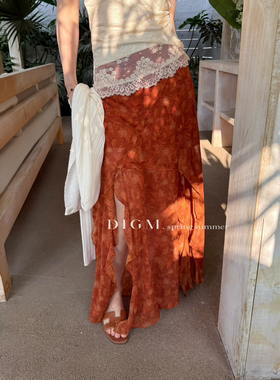 DIGM-式复古气质碎花荷叶边设计不规则开衩高腰显瘦半身裙DB60810