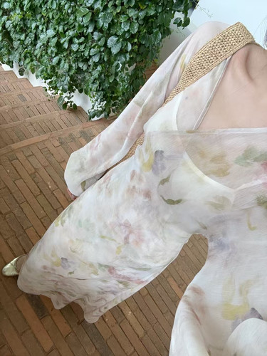 INHERE2025夏季新款晕染印花长袖连衣裙收腰显瘦中长款连身裙