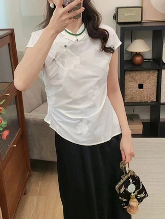 芯语XINYU新中式纯棉衬衫女2024夏新款不对称短袖上衣