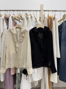 气质显瘦木耳边荷叶边衬衫 女春夏上衣衬衣6121006 D22026法式 DTWO