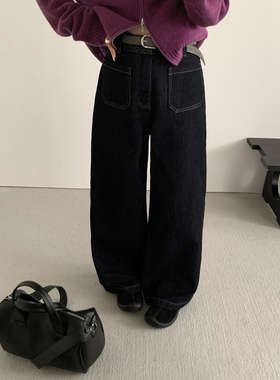 T.G-复古洗水丹宁深色加绒加厚高腰阔腿牛仔裤(配腰带)25886