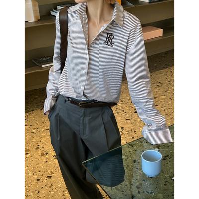 UMA SONG-秋上新字样徽标经典款宽松版防皱条纹衬衫YS1-T20361