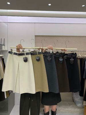 lafalian冬季气质压褶配腰带毛呢A字裙百搭中长款半身裙女8899#