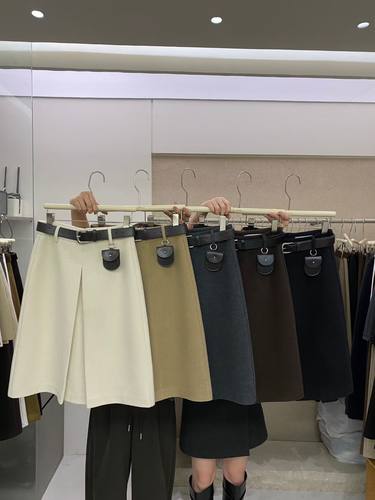 lafalian冬季气质压褶配腰带毛呢A字裙百搭中长款半身裙女8899#