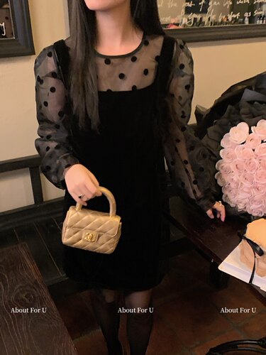 ABOUT FOR U十三行女装丝绒赫本小黑裙植绒韩版百搭连衣裙82625#