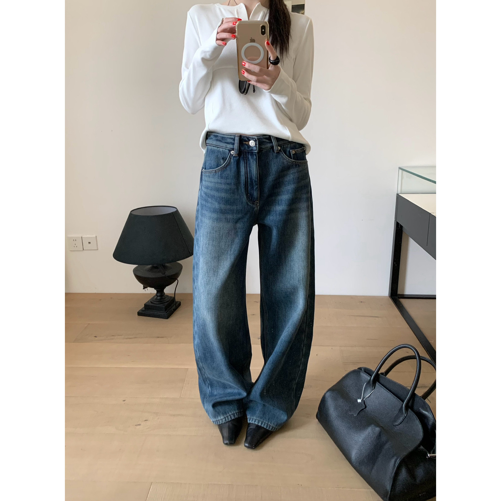 TABLE-须纹水洗加厚宝宝绒高腰阔腿遮胯显瘦保暖牛仔裤牛仔裤1153