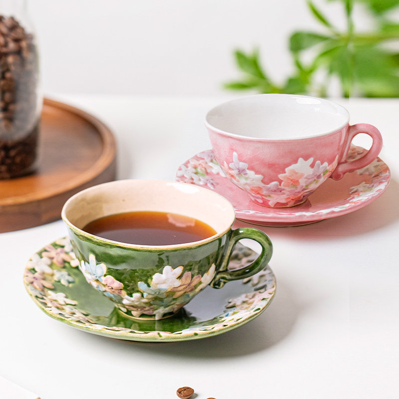 日本进口濑户烧手绘繁花陶瓷下午茶红茶杯杯碟套杯陶瓷茶杯咖啡杯