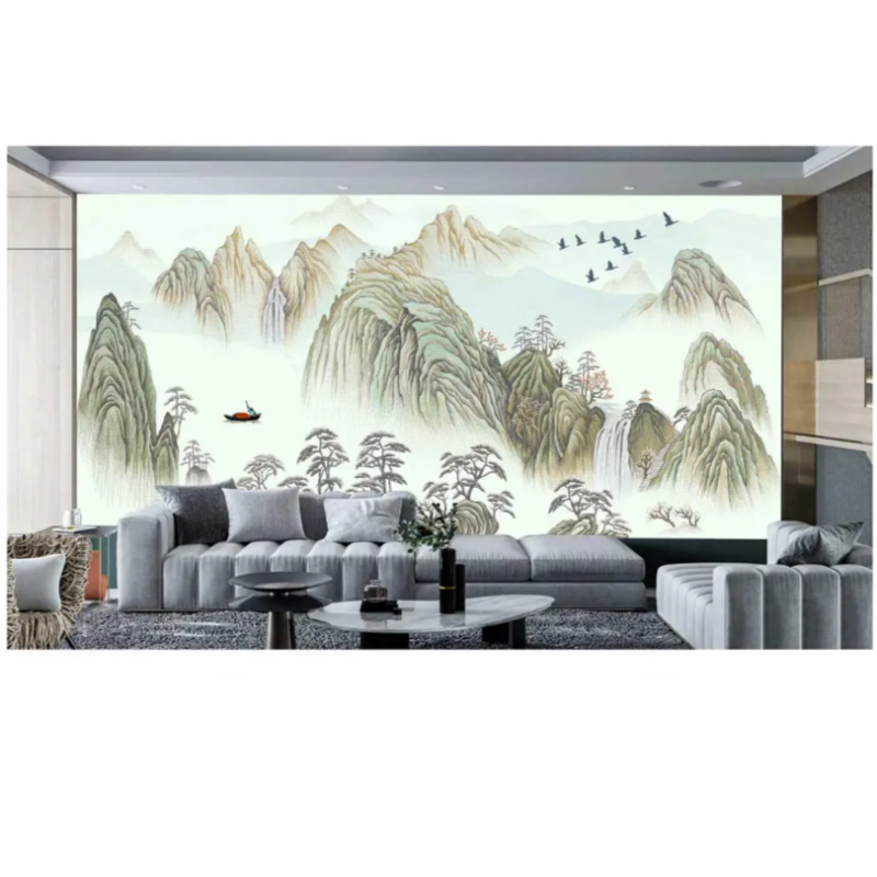 定制新中式山水独绣背景客厅卧室无缝墙布/无缝壁布