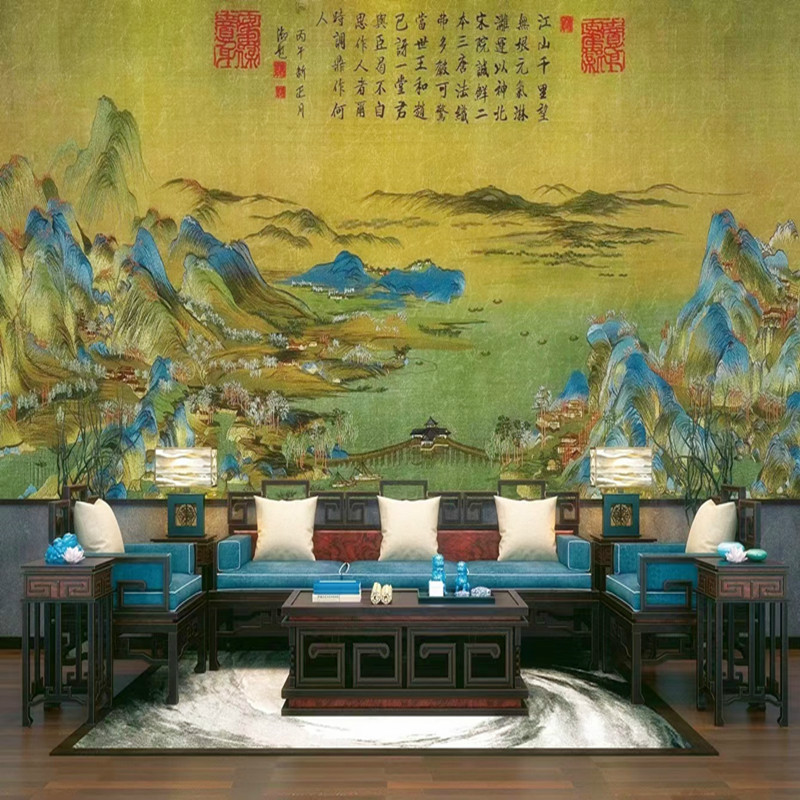 上新现代中式千里江山图绣画无缝墙布独绣墙布客厅卧室壁纸壁画