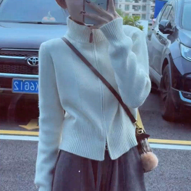 双拉链高领针织开衫毛衣女款2025年新款多巴胺穿搭小个子内搭冬装