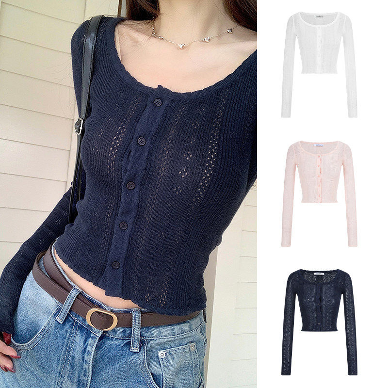 MosesQueen魔西女王藏青色镂空针织开衫春季修身显瘦短款长袖上衣