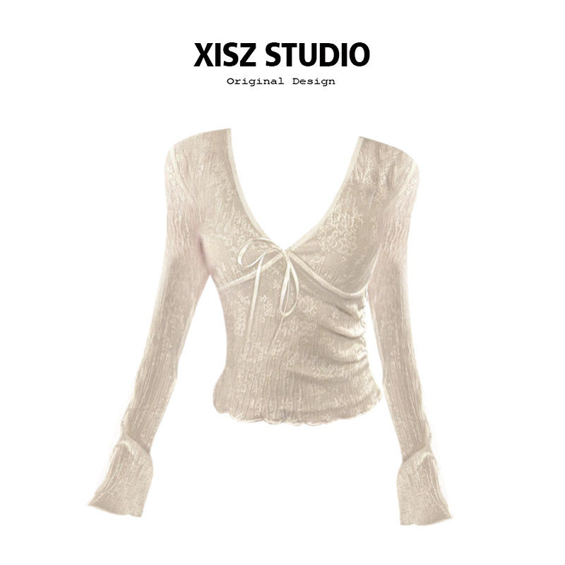 设计感V领蝴蝶结蕾丝衫女秋冬季辣妹短款性感收腰显瘦防晒衫上衣