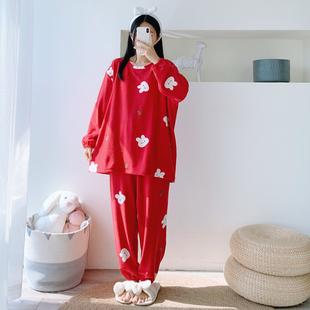 红色本命年兔子棉仔绒圆领睡衣女冬季加大码套装胖mm200斤家居服