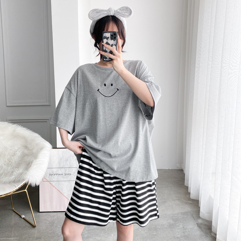 女针织棉条纹家居服睡衣