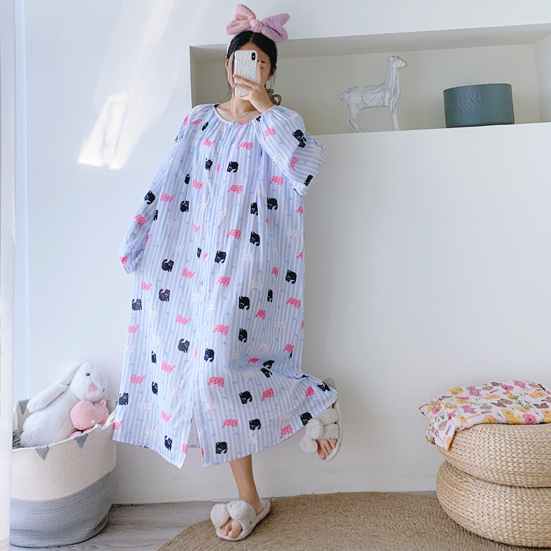 纯棉双层纱春秋圆领哺乳睡裙