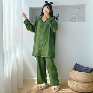 简约纯棉纱布加长开衫睡衣女长袖长裤加大码胖mm200斤宽松家居服