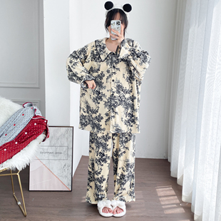 大翻领开衫天鹅绒睡衣女冬季保暖加大码胖mm200斤加绒宽松家居服