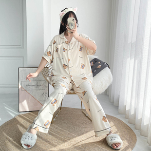 春夏情侣开衫短袖长裤小熊针织棉睡衣男女加肥大码胖mm宽松家居服