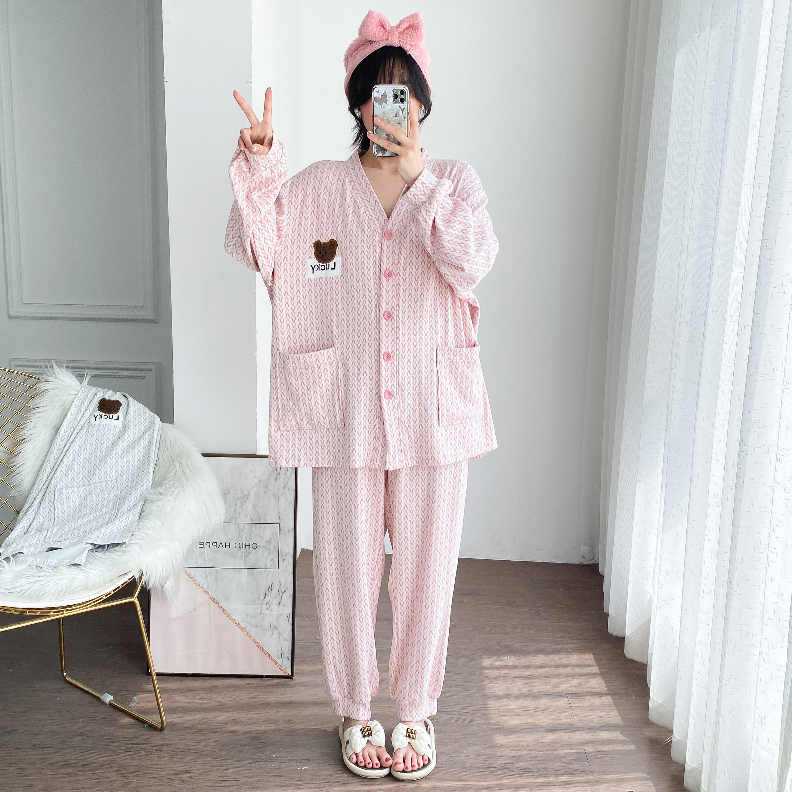 V领开衫加厚婴儿棉加肥大码睡衣