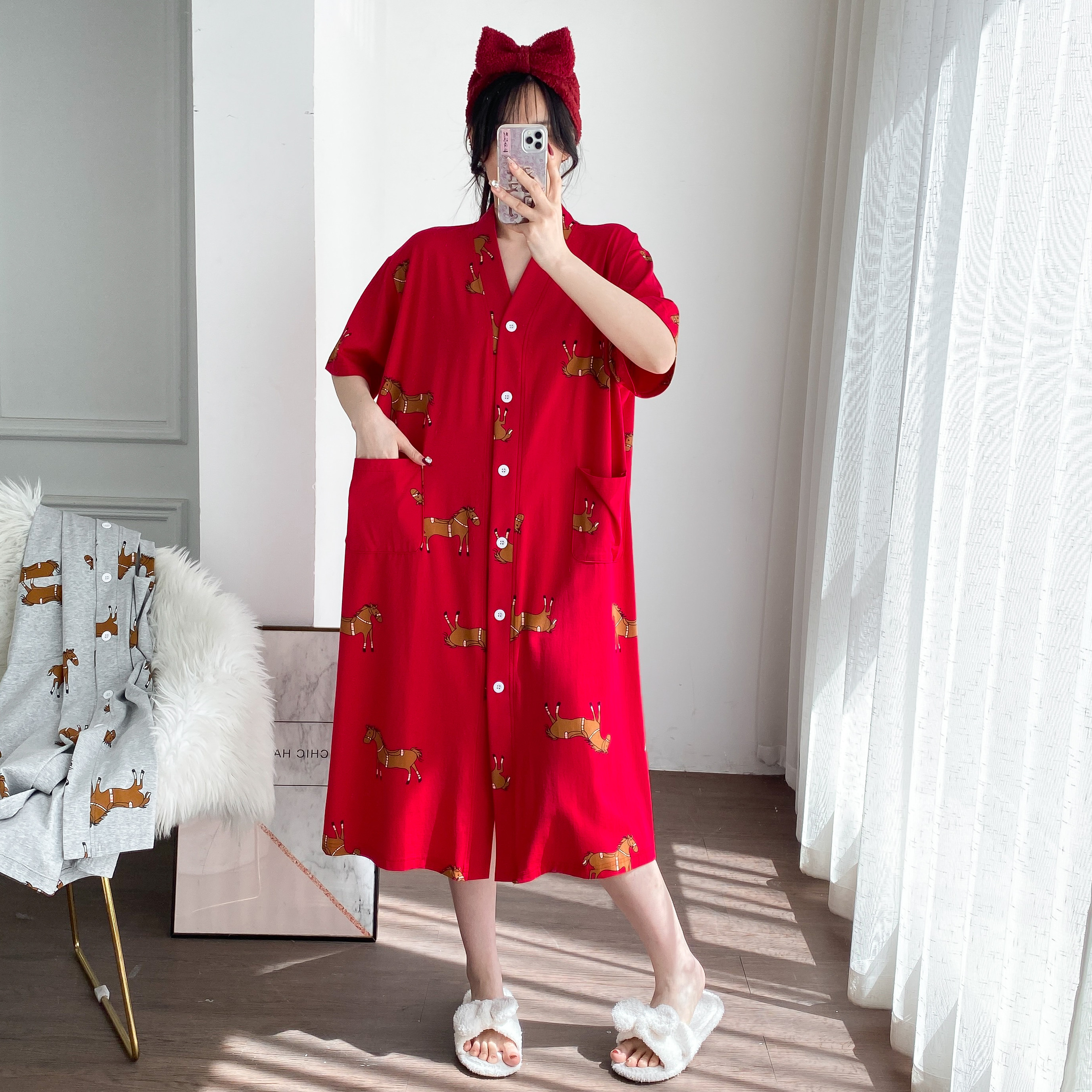 夏季纯棉V领大码孕妇睡裙