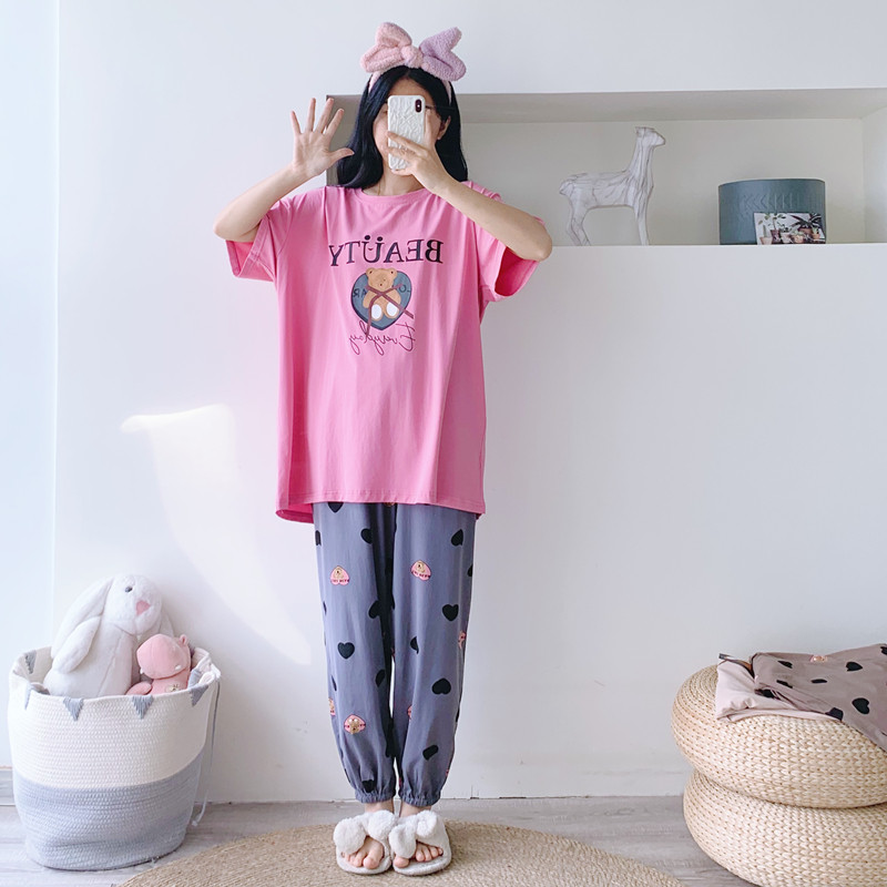 圆领短袖长裤情侣纯棉睡衣春夏大码两件套简约胖mm男女宽松家居服