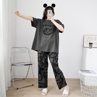 情侣小熊针织棉睡衣男女春秋加大码短袖长裤两件套胖mm宽松家居服