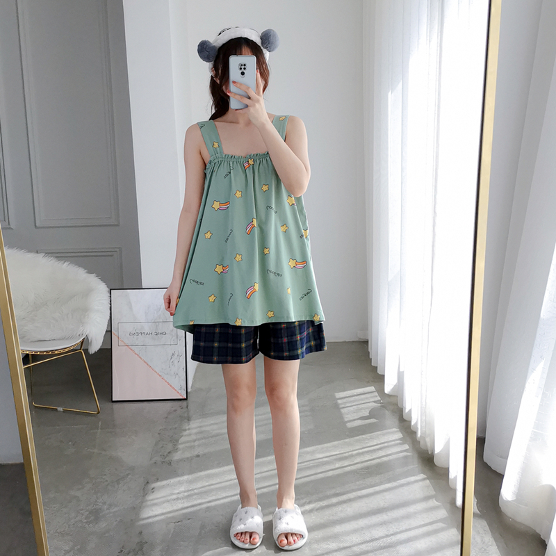 夏季卡通纯棉背心吊带睡衣女加大码短裤套装性感胖MM200斤家居服