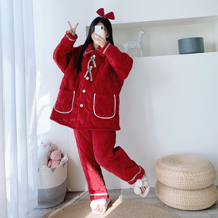 保暖两件套胖mm家居服 花边睡衣女冬季 三层夹棉加厚法兰绒大码 开衫