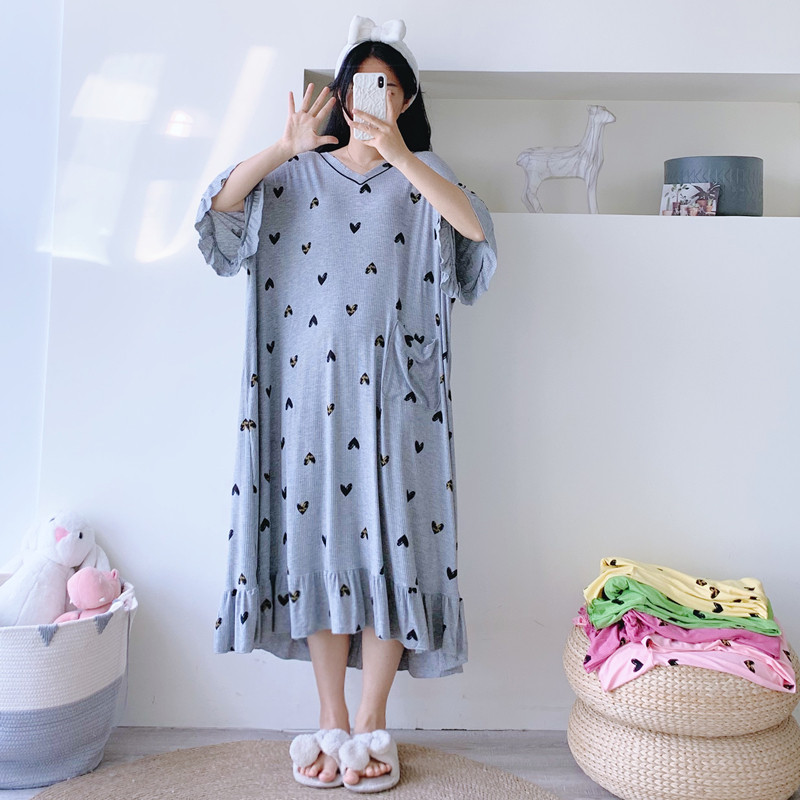 V领爱心加长莫代尔短袖大码睡裙短袖夏季孕妇胖MM200斤薄款家居服