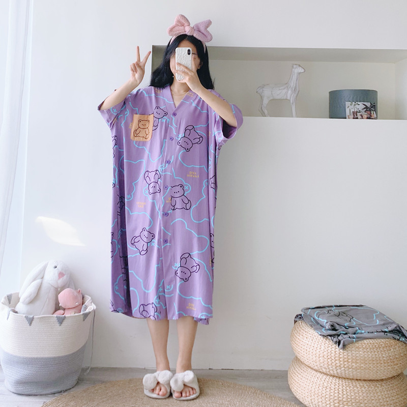 卡通V领短袖夏季纯棉加长款睡裙开衫加肥加大码孕妇胖MM200斤睡衣