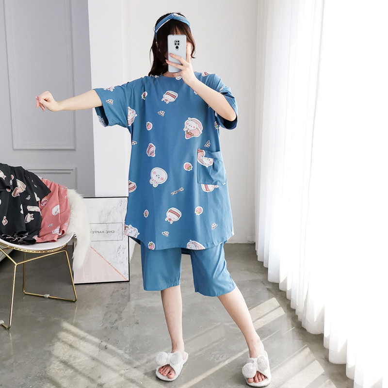 夏季大码纯棉卡通长款睡衣女短袖五分裤家居服套装宽松胖mm200斤