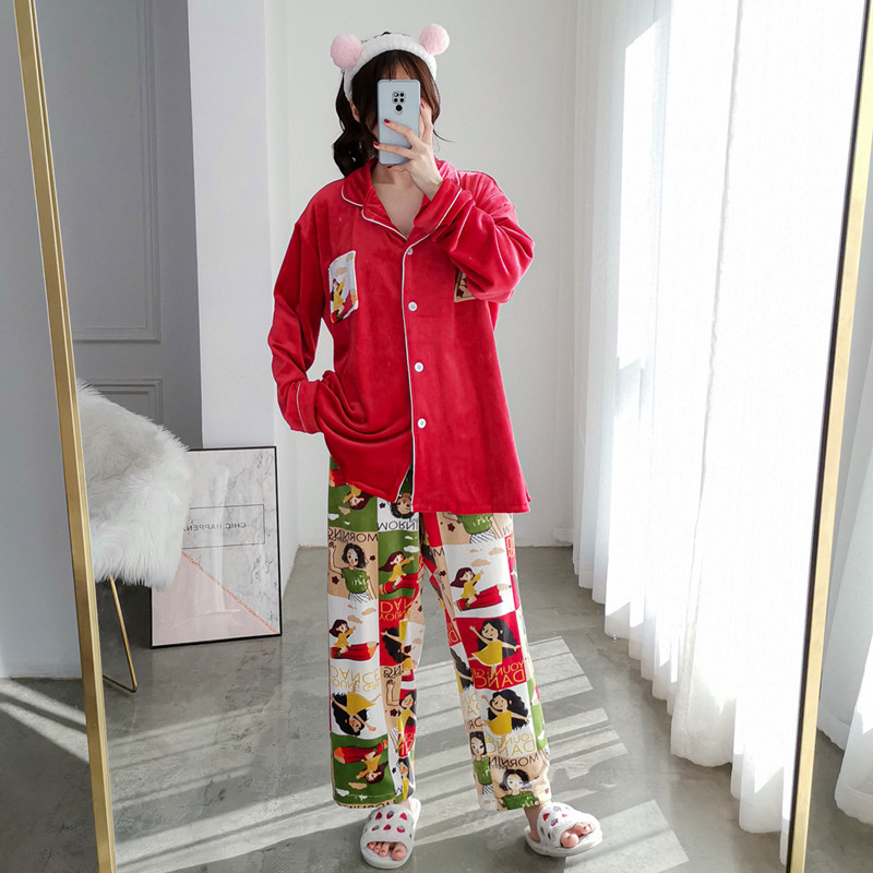加大码卡通拼接珊瑚绒睡衣女开衫宽松两件套秋冬胖MM天鹅绒家居服